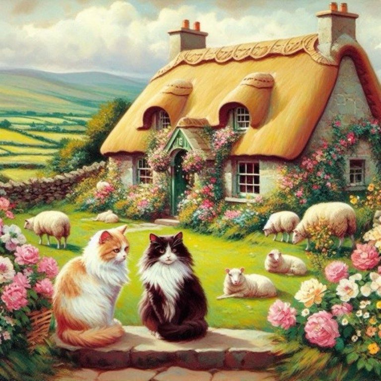Cottage Garden with Cats