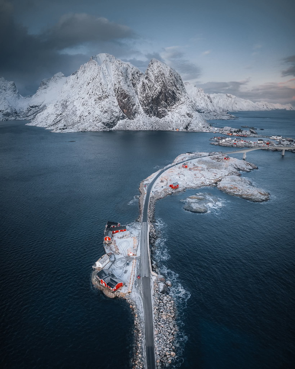 Snowy Norwegian Fjord Village