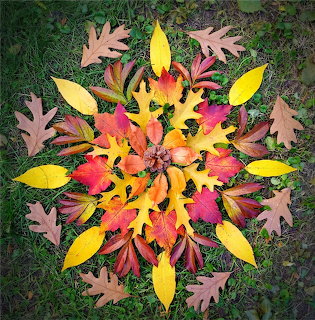 Symmetrical mandala made of autumn leaves in yellow, orange, red, and brown arranged in circular pattern on grass