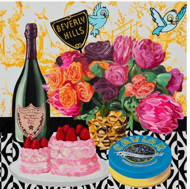 Colorful still life with champagne bottle, bright roses, pink cake, and luxury items on black and white geometric pattern