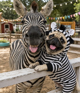 Zebra and pug in a zebra costume leaning on a wooden fence outdoors