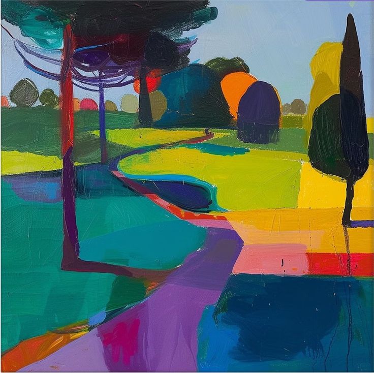 Abstract painting of a colorful landscape with trees, bright fields, and a winding purple path