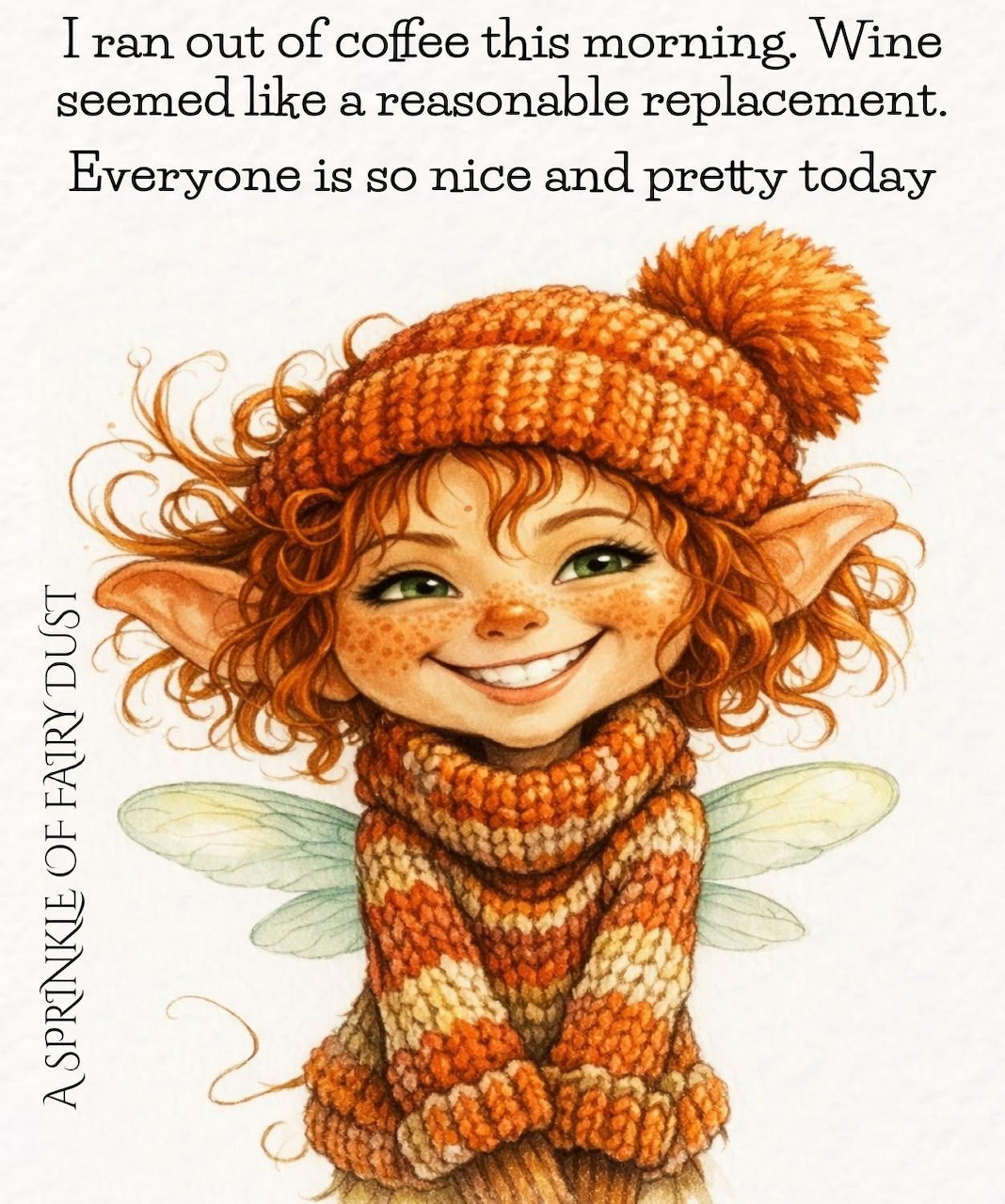 Illustration of a smiling red-haired fairy gnome girl wearing an orange knit hat and striped scarf