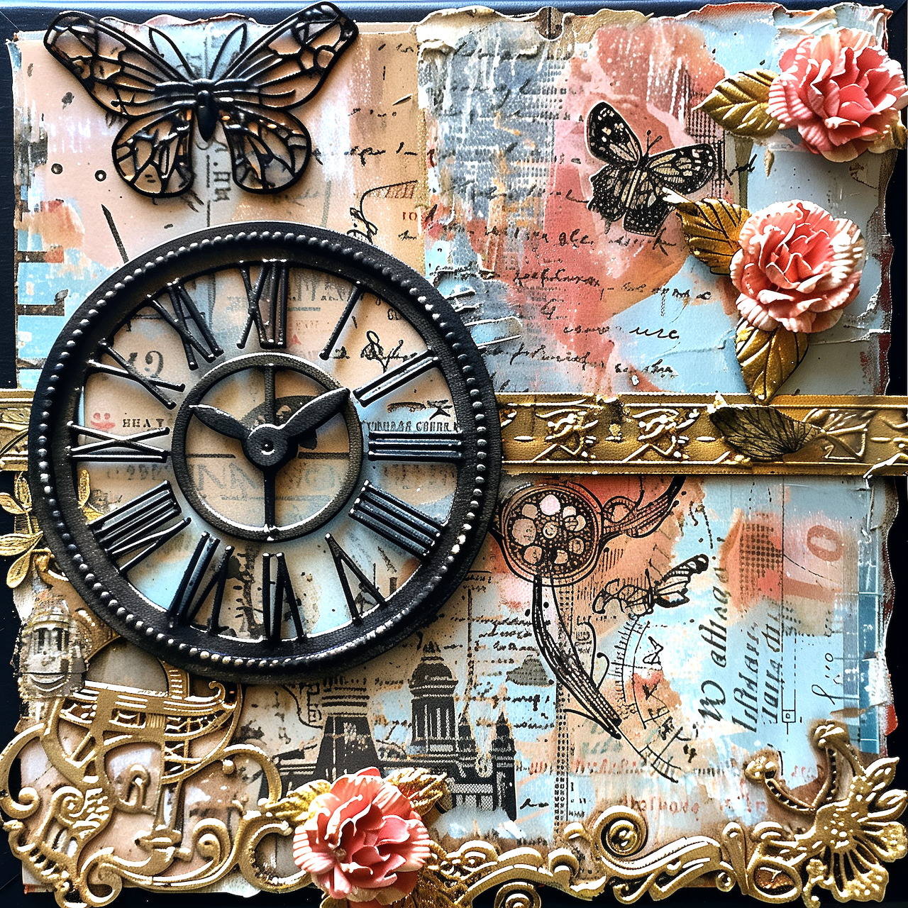 Mixed media collage with vintage clock, butterflies, roses, and gold ornaments on textured pastel backdrop