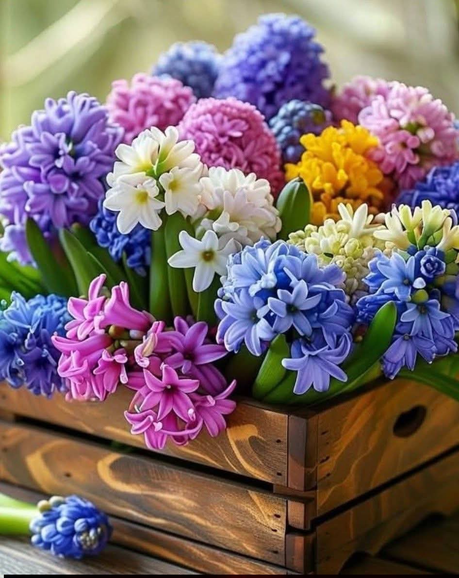 Colorful hyacinths and white flowers arranged in a rustic wooden crate