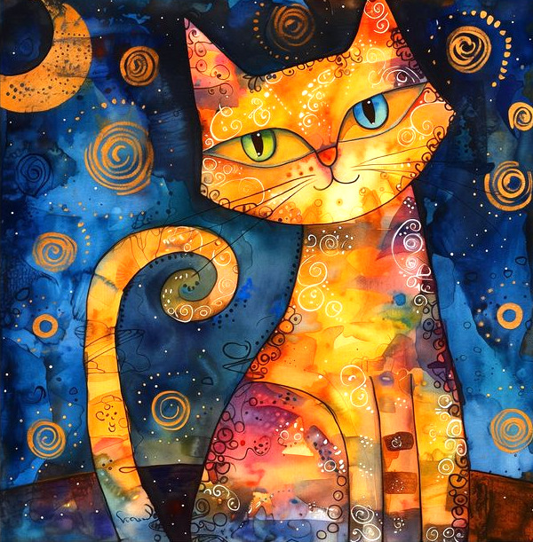 Colorful abstract cat with green eyes on starry blue background with crescent moon and swirls