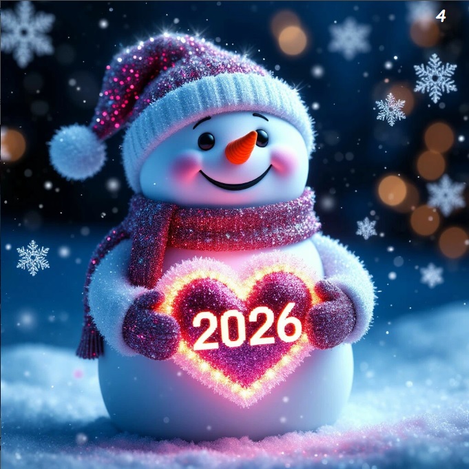 Smiling snowman in winter attire holding glowing heart with 2026 text against starry night with snowflakes