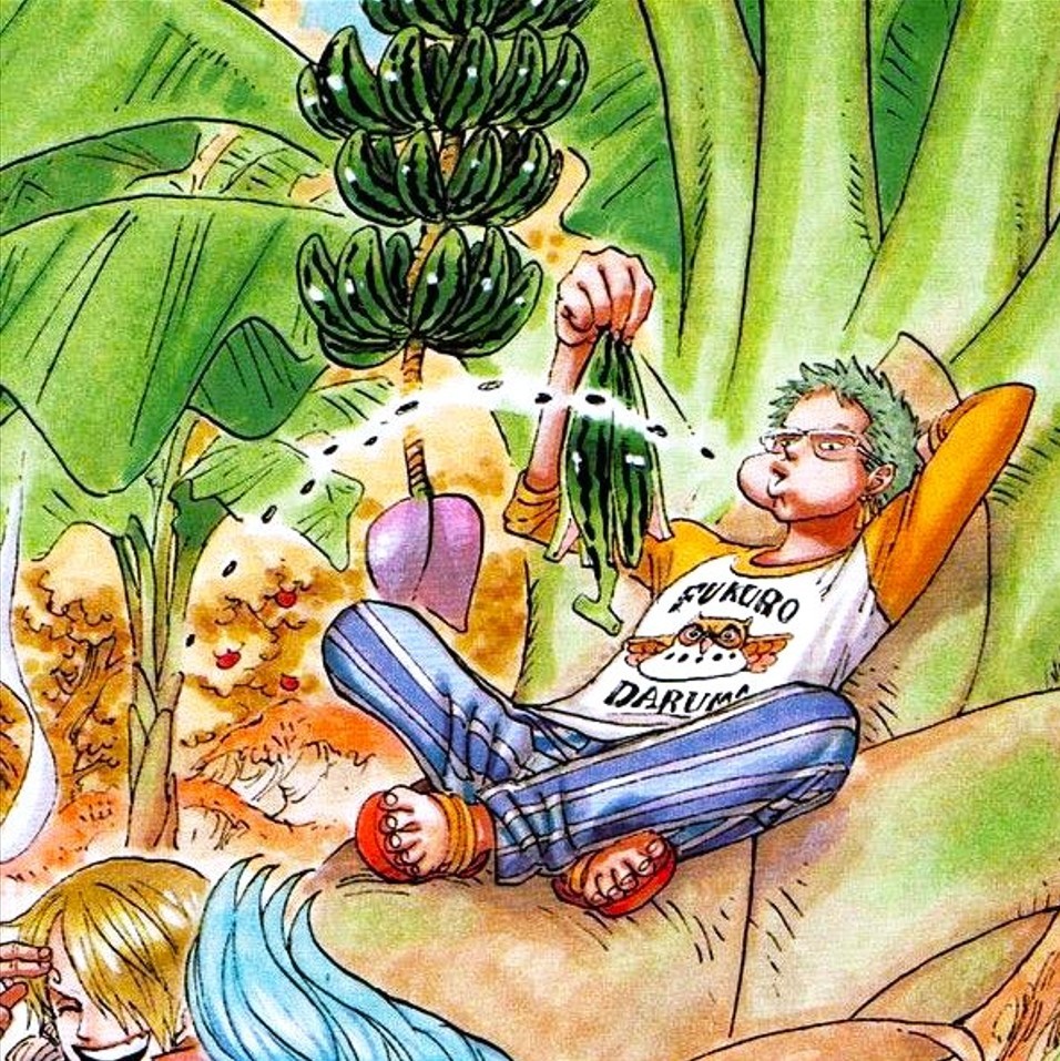 Person in striped pants reclining under a green banana tree with hanging fruit
