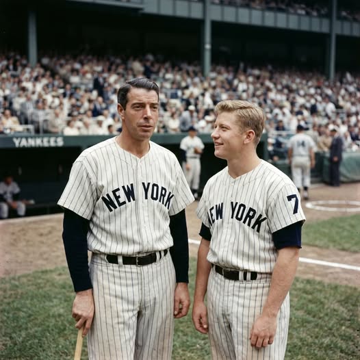 Vintage photo of Joe DiMaggio and young Mickey Mantle in New York Yankees uniforms on a baseball field
