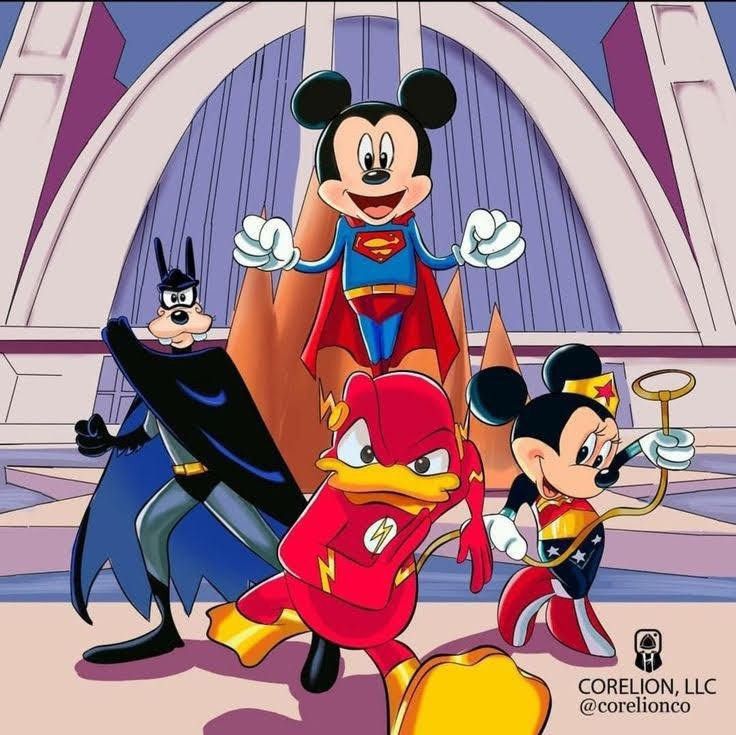 Mickey Mouse as Superman with Batman, Flash, and Wonder Woman in a purple-draped hall