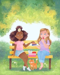 Illustration of two girls on a bench with baskets and an orange cat in a leafy park