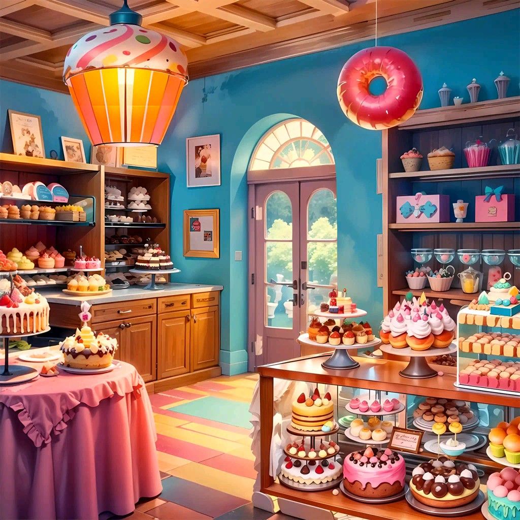 Colorful cartoon bakery shop interior with cupcakes, cakes, donuts, and pastries on display