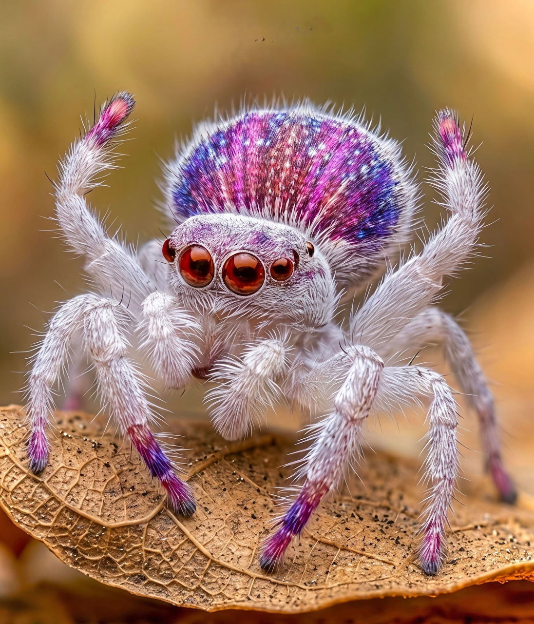 Colorful jumping spider with fuzzy white body and purple markings on a dry leaf