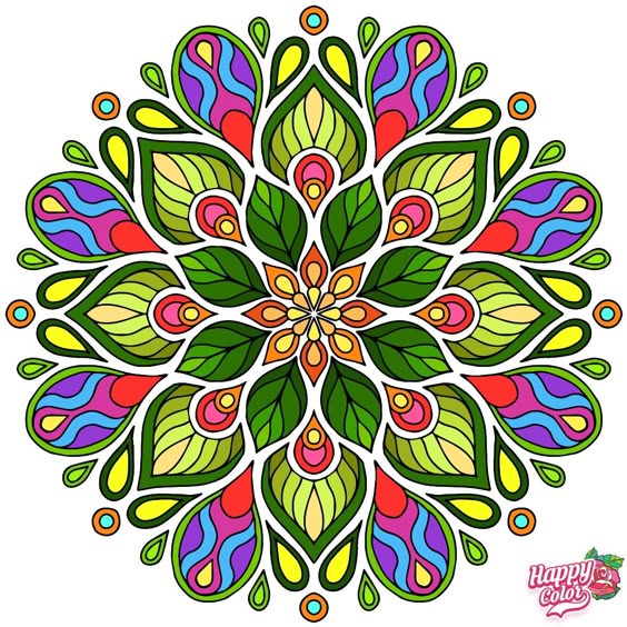 Colorful symmetrical mandala with floral petal patterns in green, blue, pink, and yellow