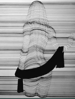 Woman silhouette formed by horizontal contour lines in black and white minimalist style