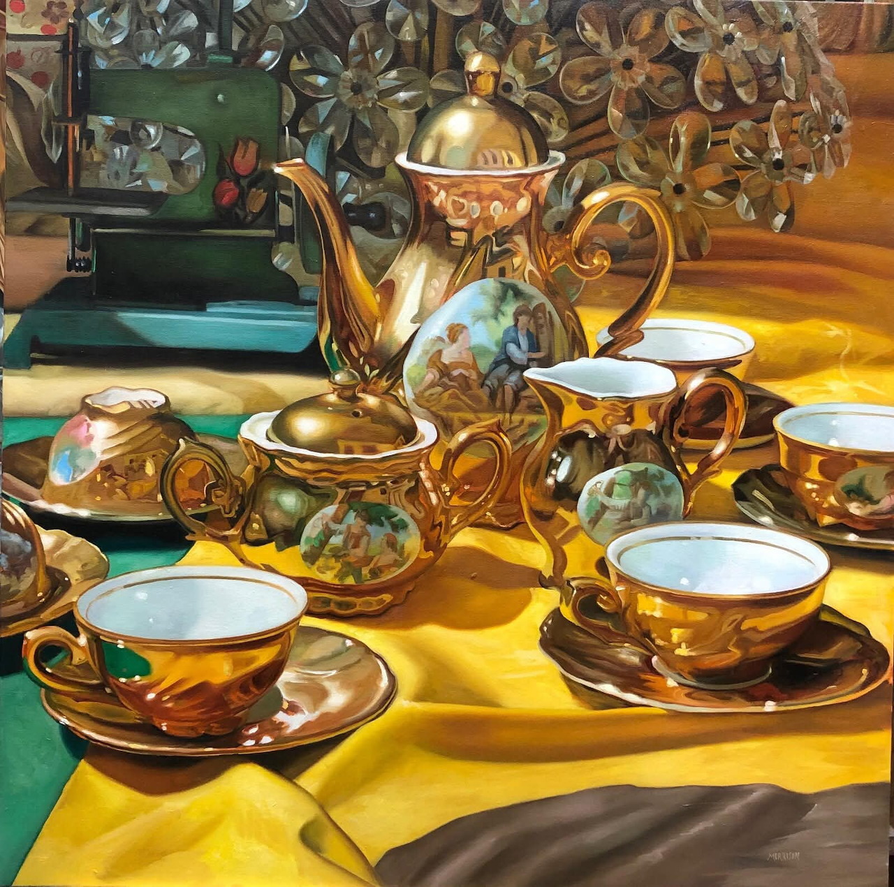 Painting of an ornate tea set with cups, saucers, and a silver teapot on a golden tablecloth
