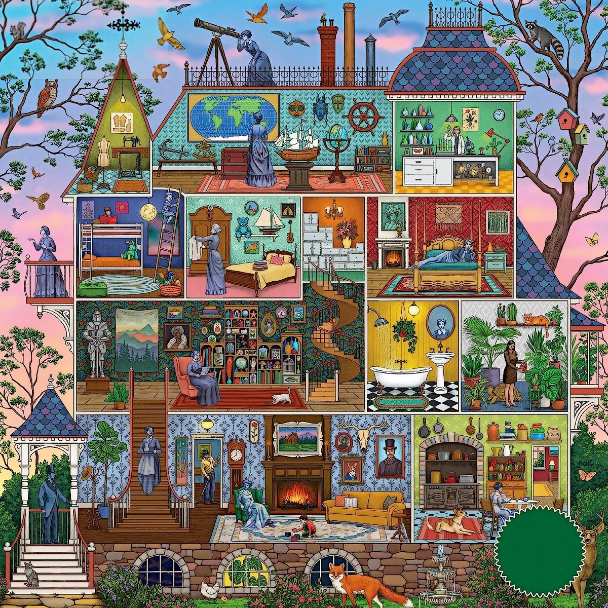 Illustrated cross-section of colorful Victorian dollhouse showing multiple furnished rooms across five floors