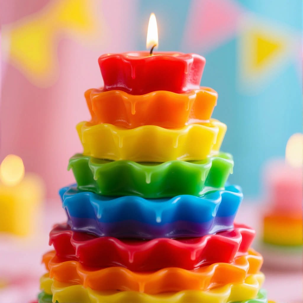 Colorful stacked rainbow candles with a lit flame on top