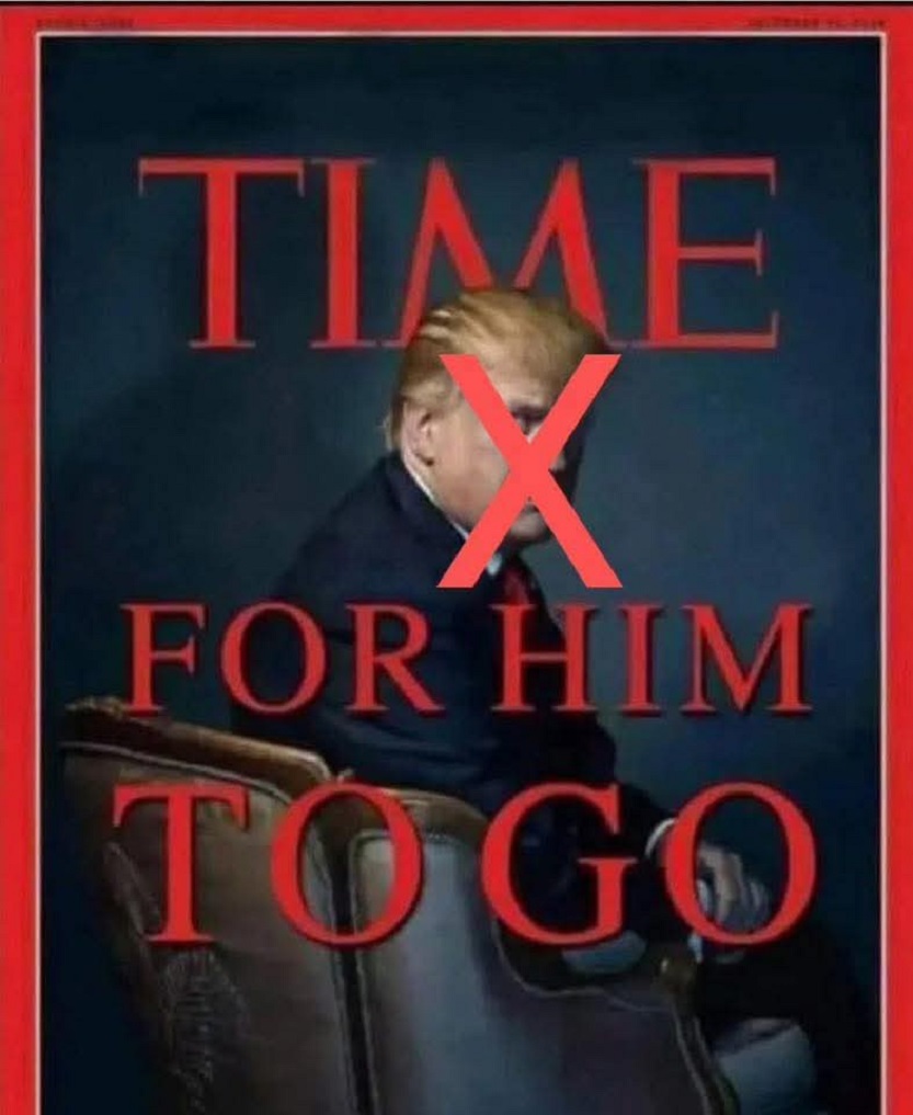 Donald Trump seated on a dark cover-style image with red text and a large red X over his face