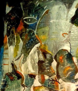 Abstract painting with fragmented faces and figures in muted colors and geometric forms