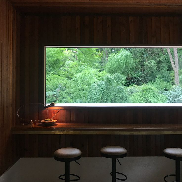 Wood-paneled cafe interior with stools and a large window framing lush green foliage