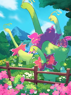 Meganium Pokemon surrounded by pink flowers in a lush garden with mountains behind