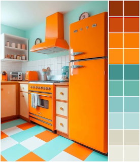 Retro kitchen with orange stove and refrigerator, pastel cabinets, checkerboard floor, and side color palette