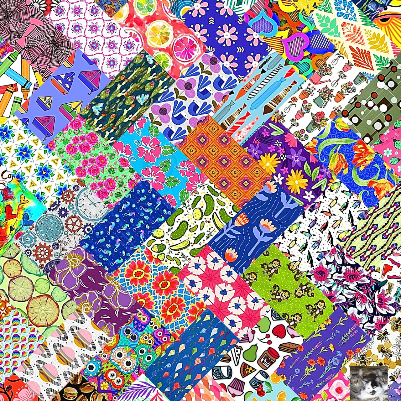 Colorful patchwork quilt with diagonal squares showing various floral, geometric, and abstract patterns