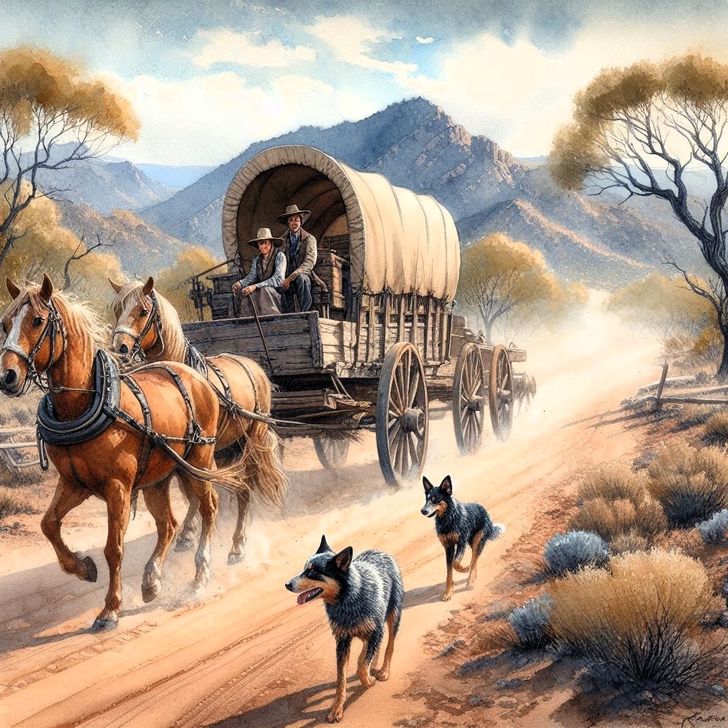 Covered wagon pulled by horses on dusty trail with dogs, desert landscape and mountains behind