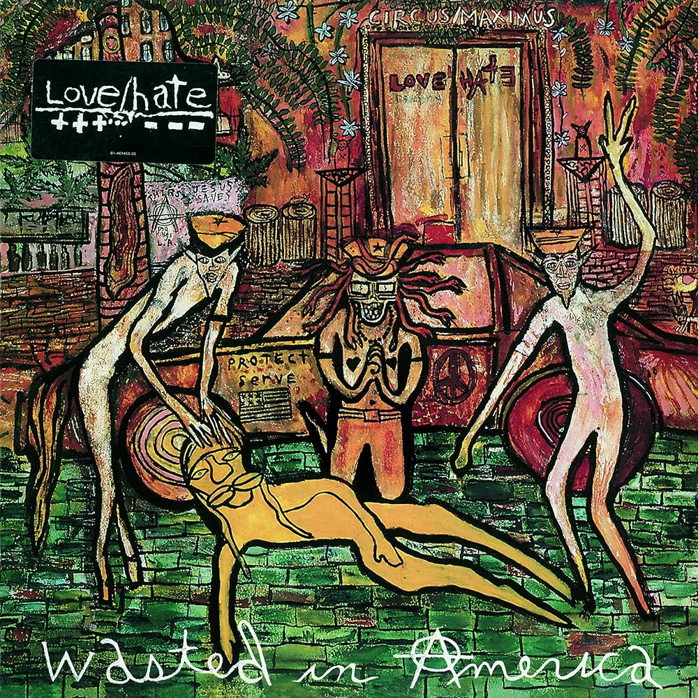 Illustrated album cover with stylized figures around a car outside a building