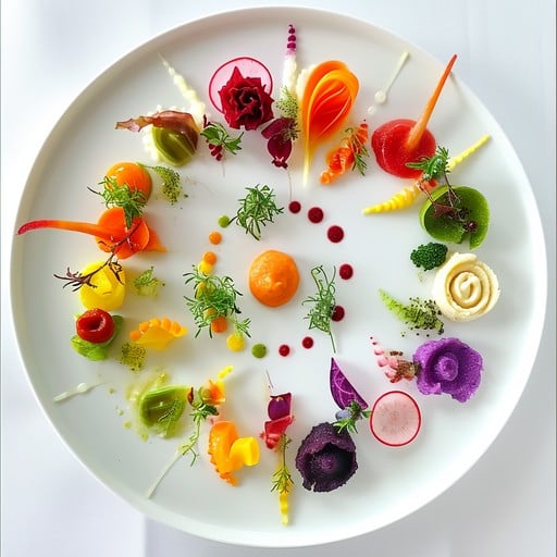 Artistic plate with colorful vegetables and edible flowers arranged in a circular pattern