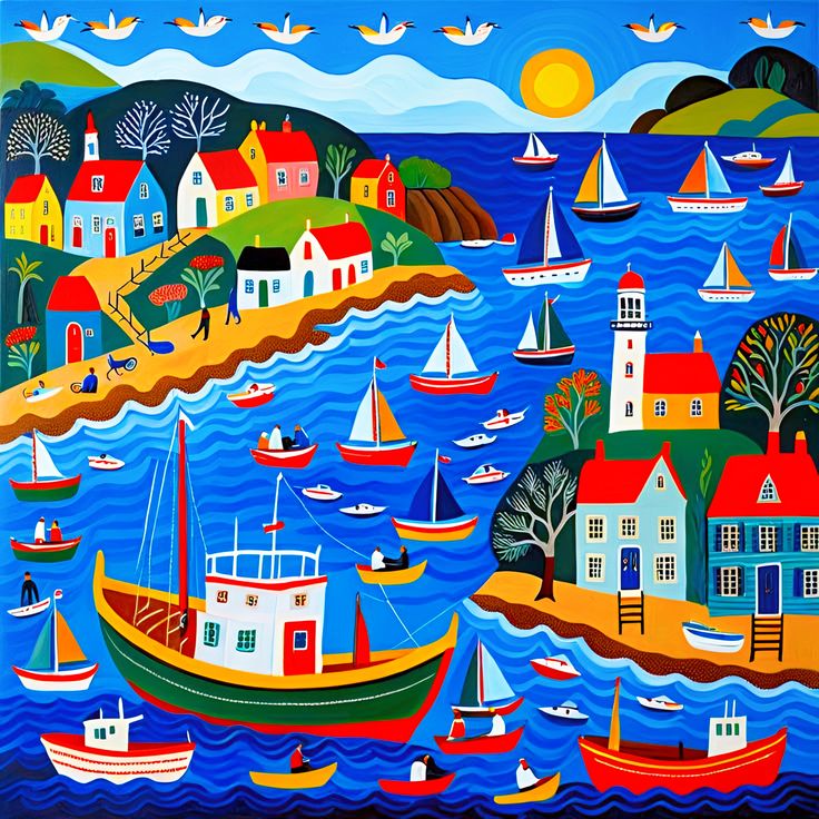 Folk art painting of seaside village with sailboats, colorful houses, and hills