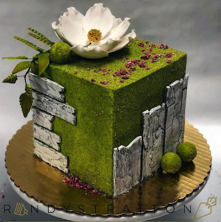 Green cube cake with a white flower on top and rustic wooden door decorations