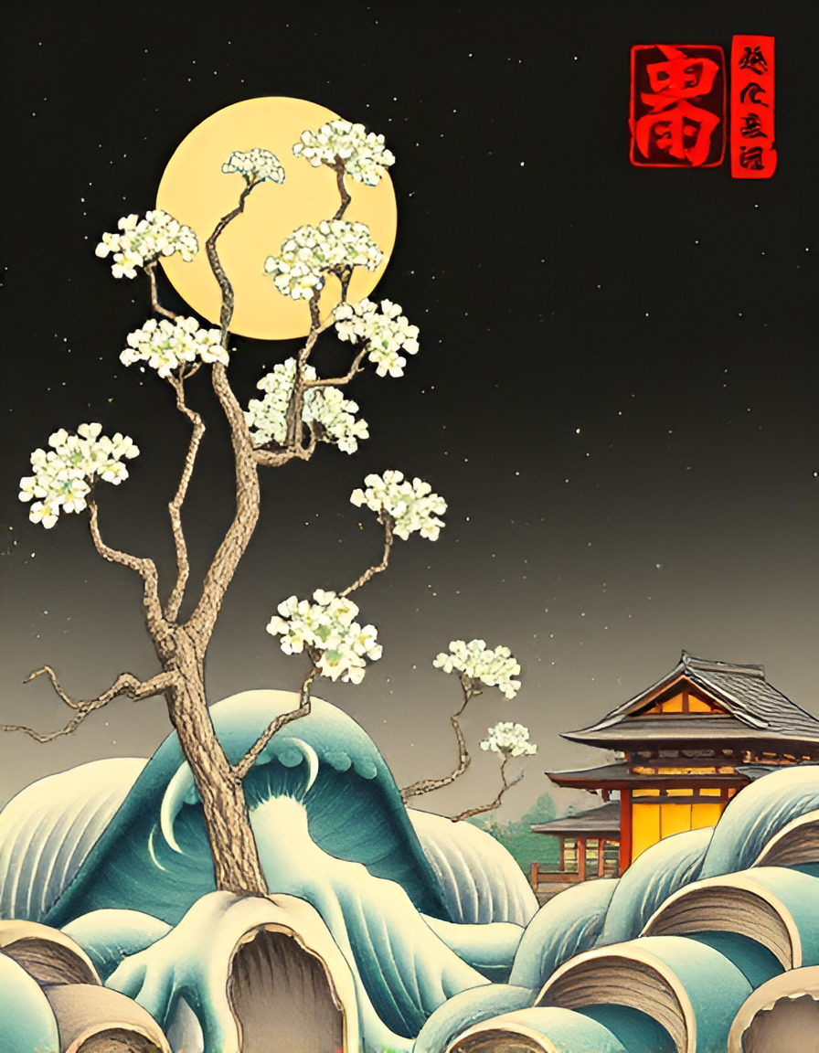 Japanese art with moon, cherry blossoms, waves, and temple under Mount Fuji