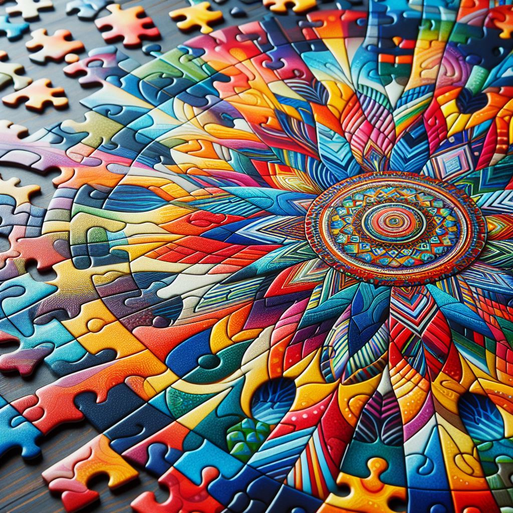 Colorful mandala jigsaw puzzle with rainbow geometric petals radiating from ornate center, loose pieces at edges