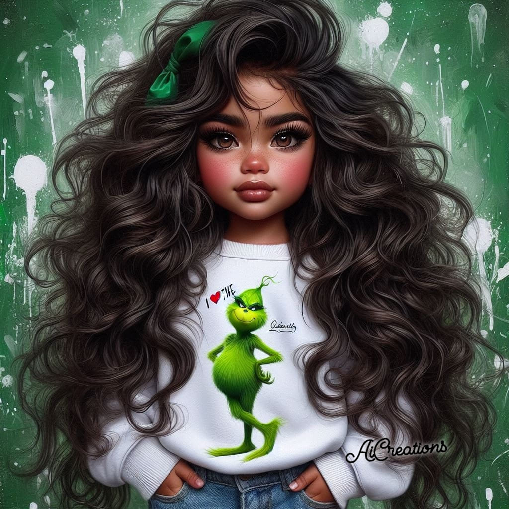 Illustrated girl with huge dark curly hair wearing a white sweatshirt with a green cartoon figure