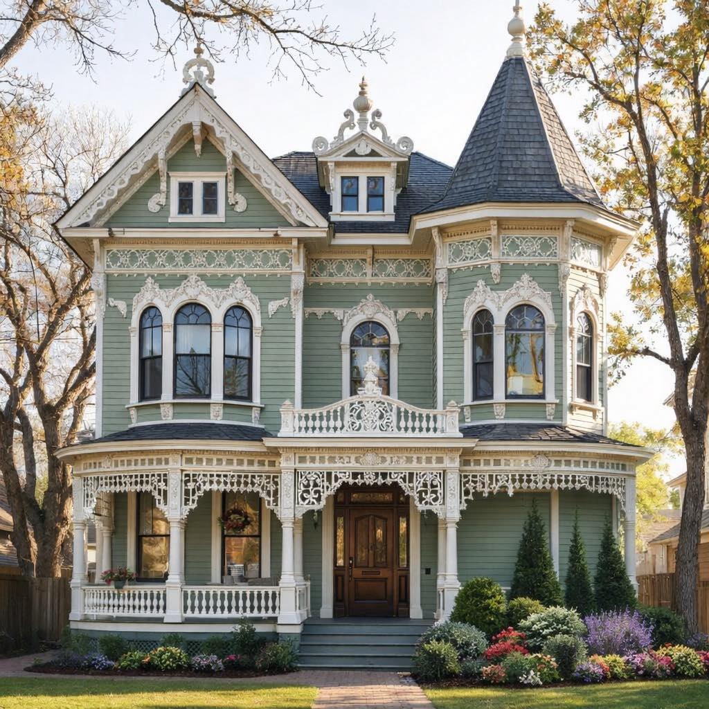 Victorian house with turret, ornate porch trim, and landscaped front yard