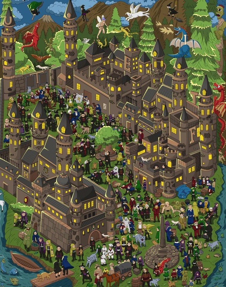 Isometric doodle art of a fantasy wizard world with a large castle, crowds, trees, and magical characters