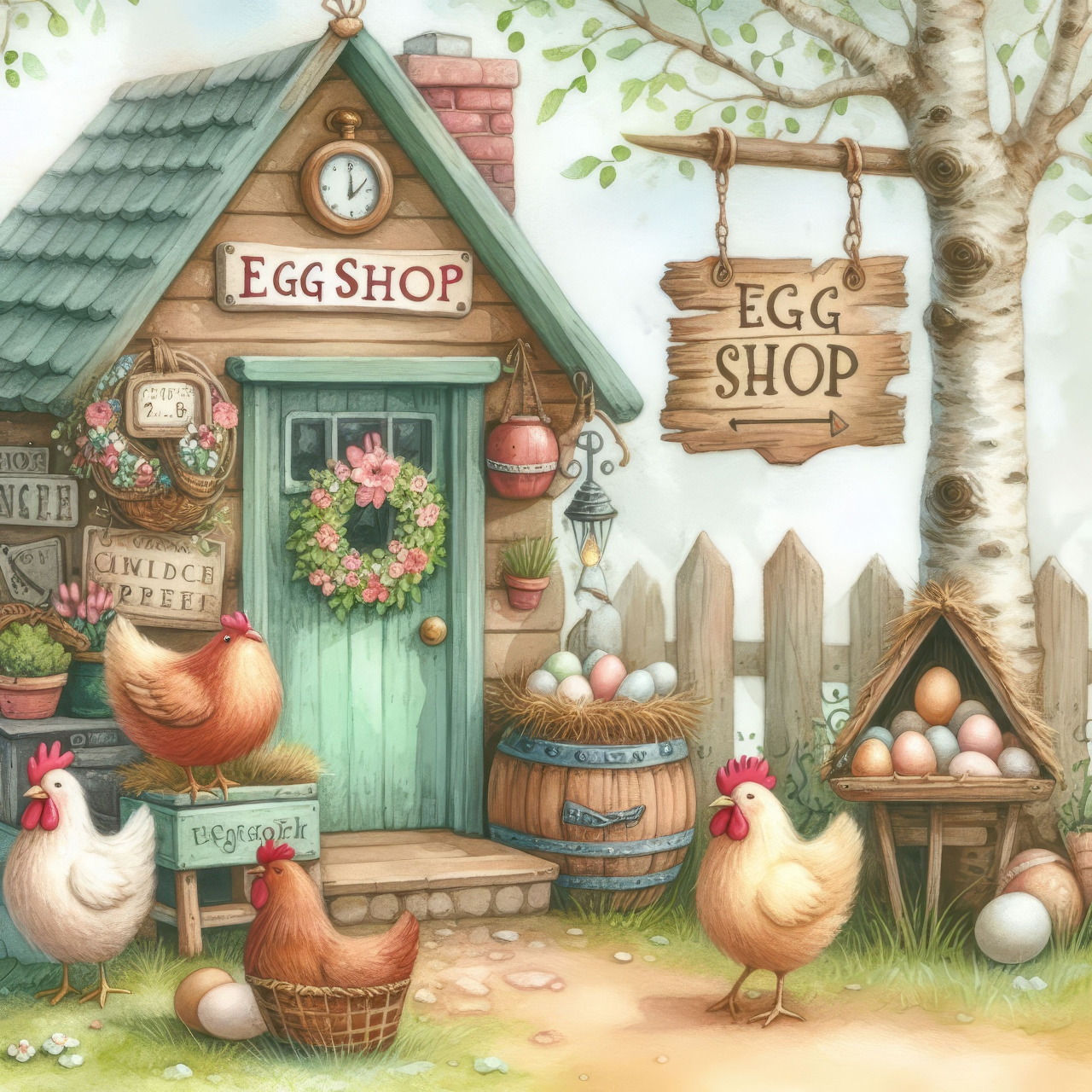 Rustic cottage egg shop with chickens and baskets of eggs in a charming garden scene