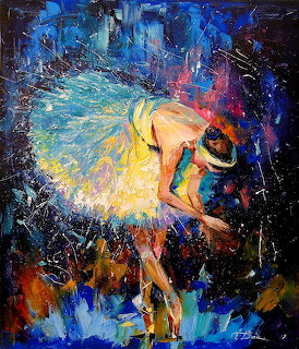 Oil painting of ballerina in yellow tutu dancing on dark blue background with textured brushwork