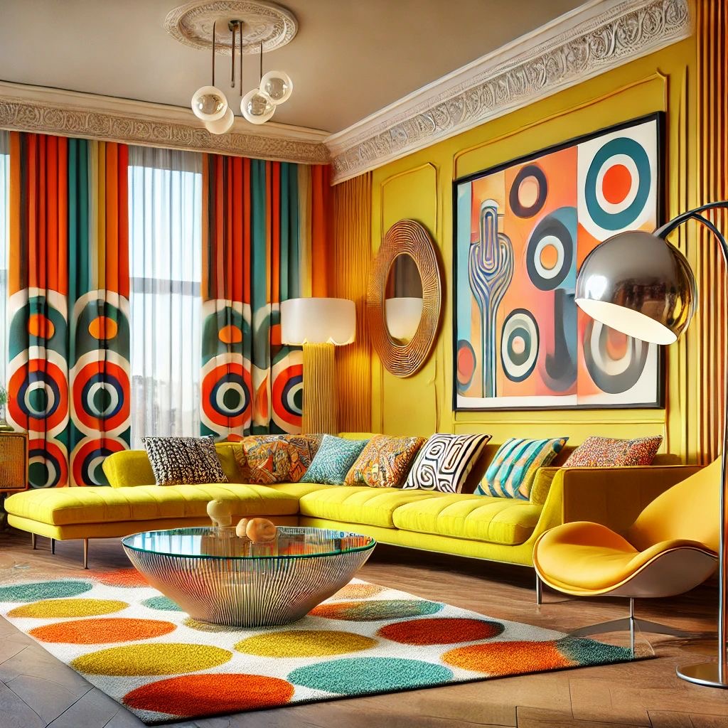 Colorful retro living room with yellow sofa, geometric rug, striped curtains, and abstract wall art