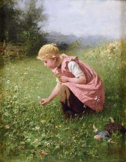 Young girl in pink dress picking wildflowers in a meadow, pastoral painting