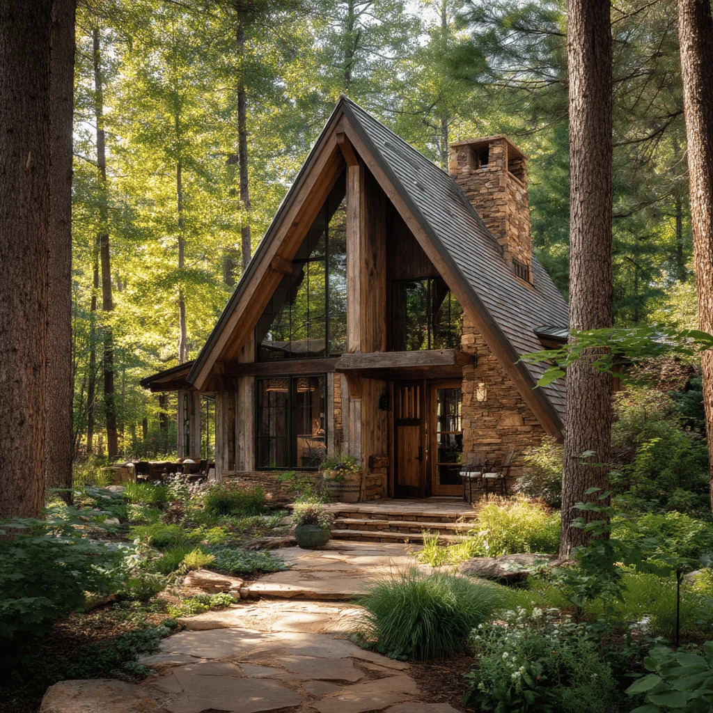 A-frame cottage with stone chimney surrounded by tall trees in a forest setting