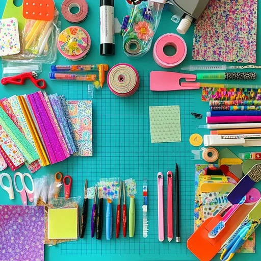 Top view of colorful craft supplies surrounding a teal cutting mat