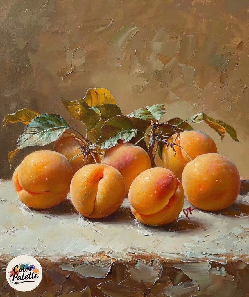 Still life painting of apricots with leaves on a white cloth