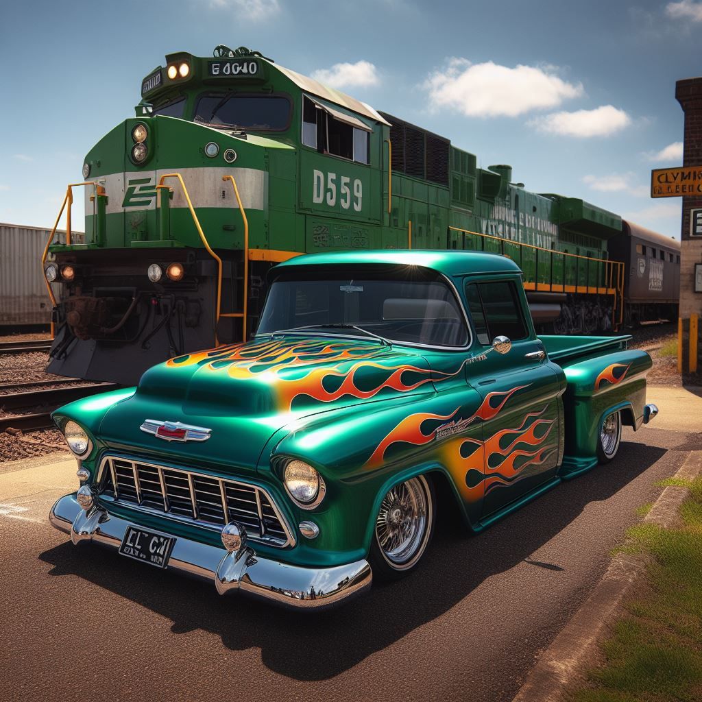 Green diesel train and classic pickup truck with orange flame paint on tracks