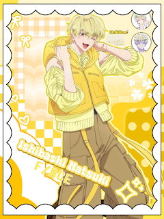 Anime character with blonde twintails wearing yellow cardigan, smiling energetically against checkered yellow background