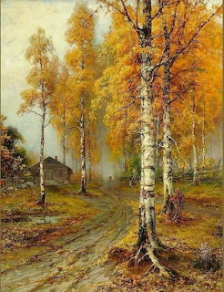 Painting of birch trees with golden autumn foliage along a dirt path near a wooden cabin in mist