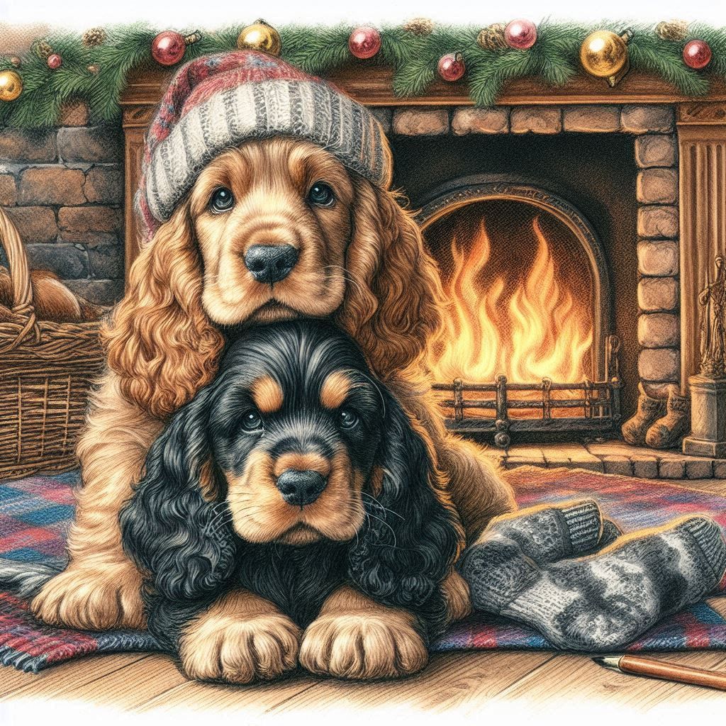 Two cocker spaniel puppies in knit hats sitting by a fireplace with Christmas decorations