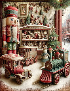 Christmas toy store scene with toy trains, a toy truck, a nutcracker, and festive holiday decorations